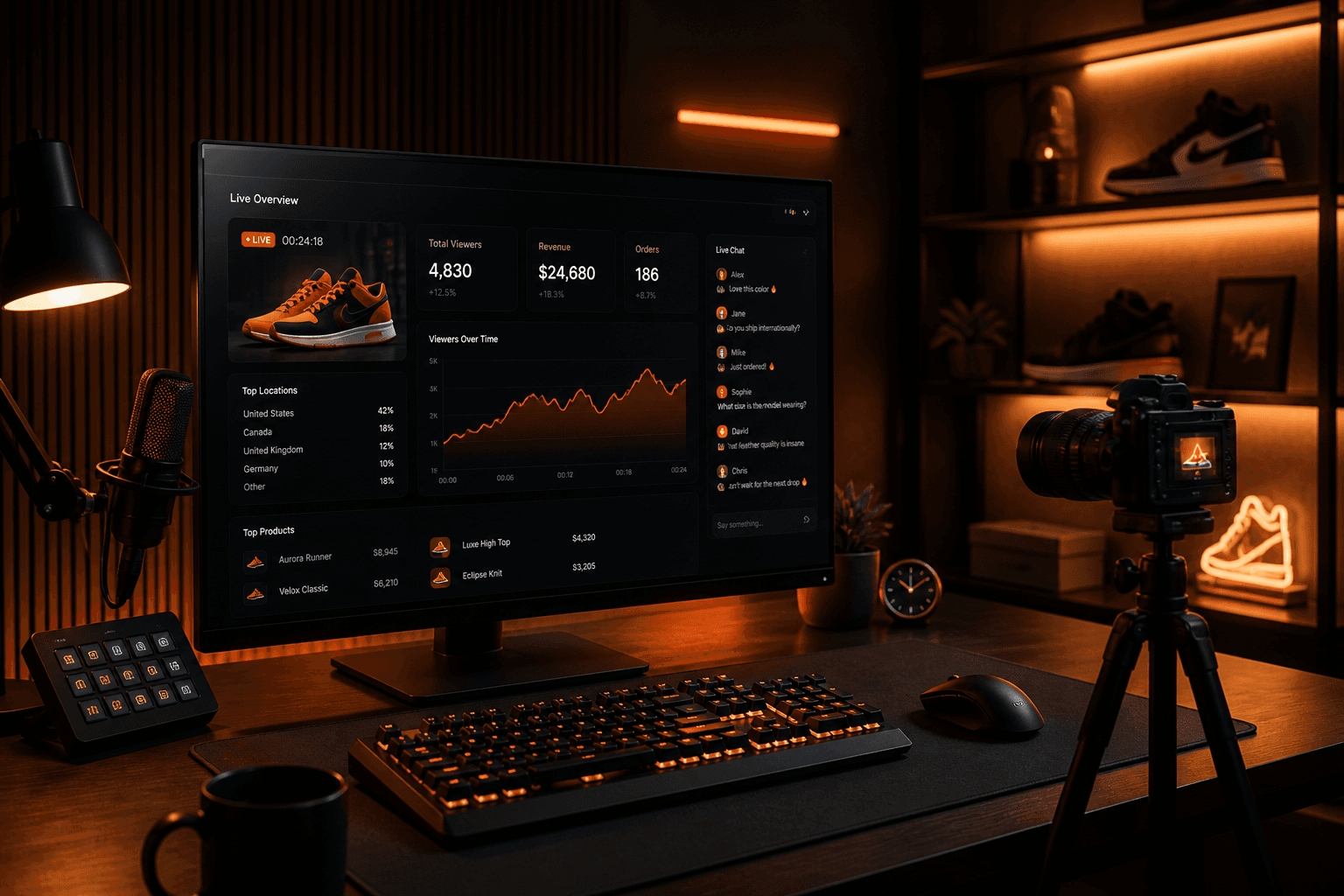 Creator desk with analytics dashboard on screen
